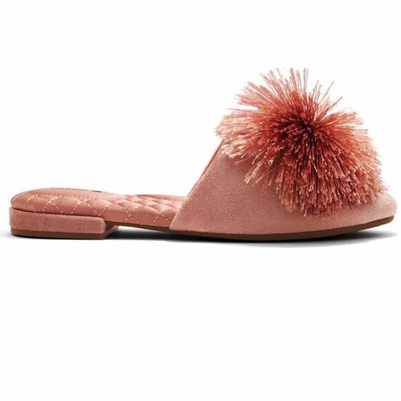 Birdies 7.5 Songbird Pom Pom Slides Velvet Blush Pink Mules Slipper Flats Tassle - Picture 7 of 11